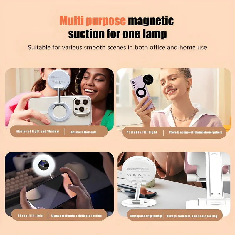 2in1 Portable Foldable Magnetic Phone Holder with Rechargeable Fill Light Perfect for Travel, Desktop, Selfies, Video, Makeup