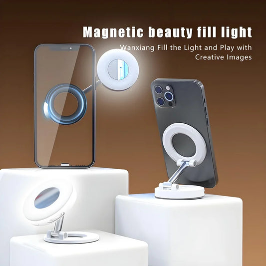 2in1 Portable Foldable Magnetic Phone Holder with Rechargeable Fill Light Perfect for Travel, Desktop, Selfies, Video, Makeup