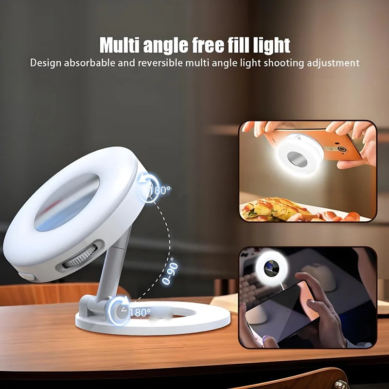 2in1 Portable Foldable Magnetic Phone Holder with Rechargeable Fill Light Perfect for Travel, Desktop, Selfies, Video, Makeup